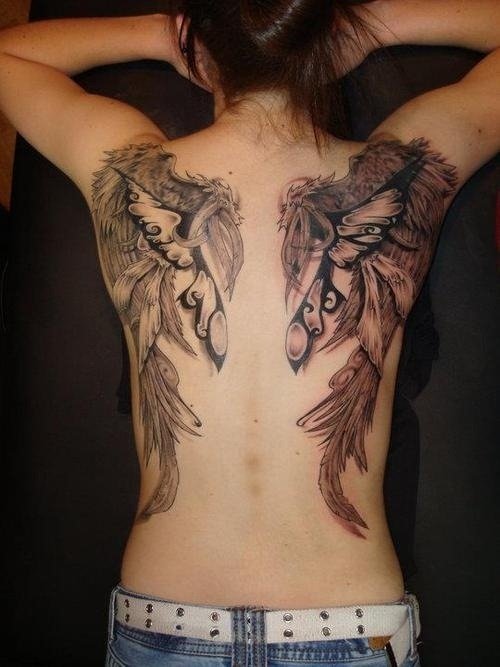 Grey Ink Wings Back Tattoo For Girls