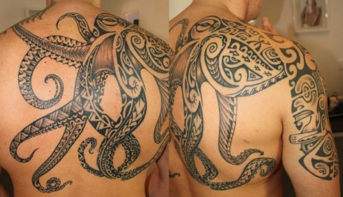 Grey Ink Polynesian Octopus Back Tattoo