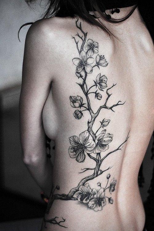 Grey Ink Flowers Back Tattoo For Girls