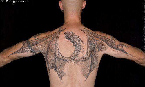 Dragon Grey Ink Tattoo On Man Back
