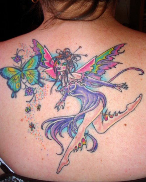 Butterfly And Color Ink Back Tattoo For Girls