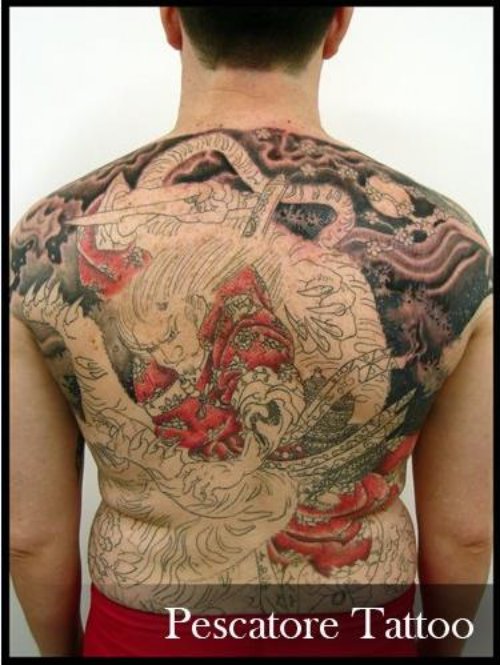 Awesome Colored Ink Back Tattoo For Men