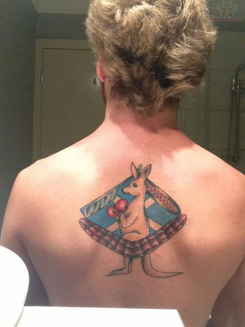 Kangaroo With Apple And Razor Color Ink Tattoo On Back