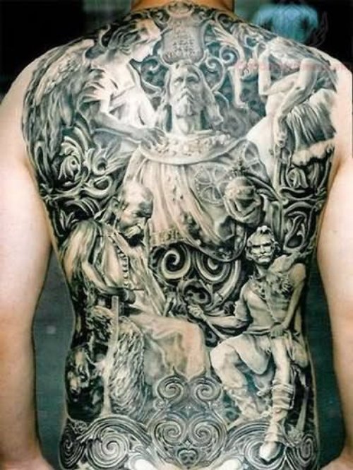 Jesus And Mary Grey ink Tattoo On Back