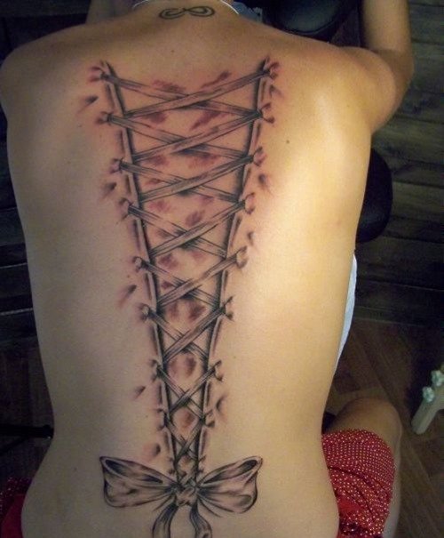 Amazing corset BowGrey Ink Tattoo On Back