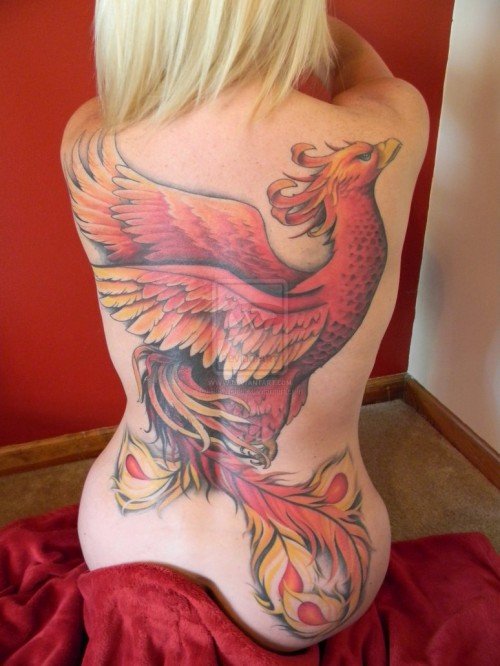 Awesome colored Ink Phoenix Back Tattoo For Girls