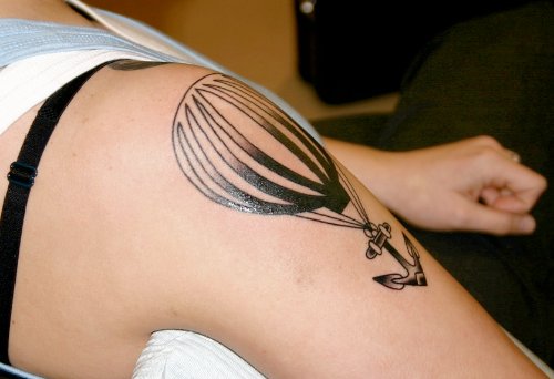 Anchor And Air Balloon Tattoo On Right Shoulder