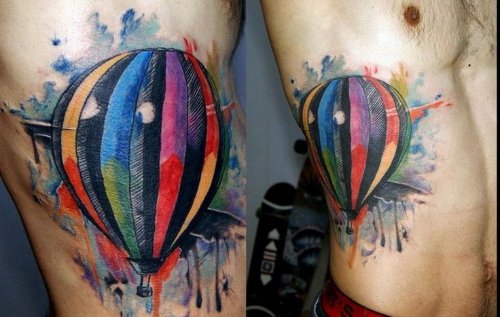 Watercolor Hot Air Balloon Tattoo On Side Rib Cage