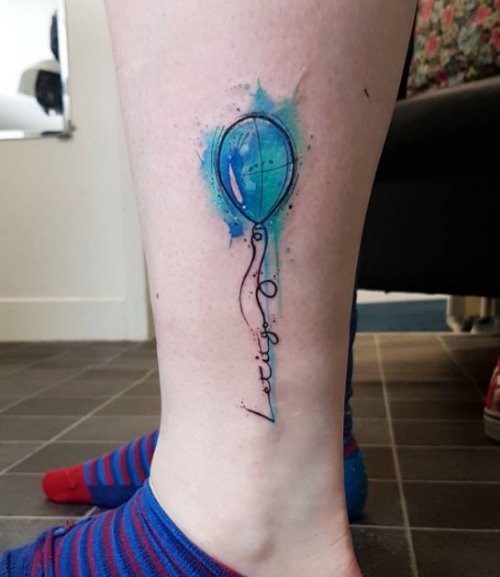 Blue Watercolor Balloon Tattoo With text On Leg
