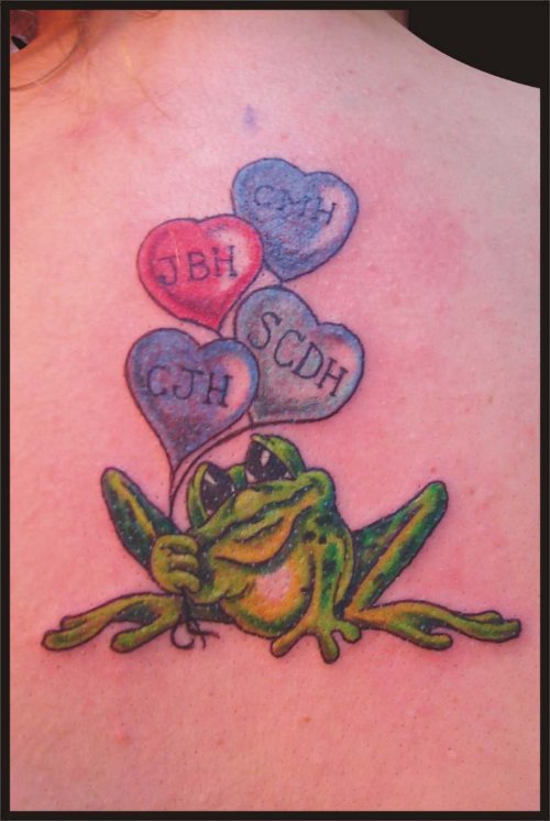 Frog With Heart Balloon Tattoos On Back