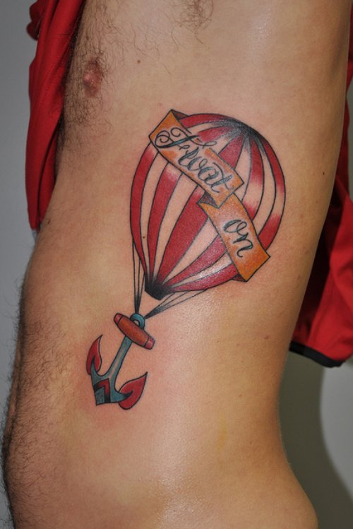 Anchor And Air Balloon Tattoo On Side Rib For Men