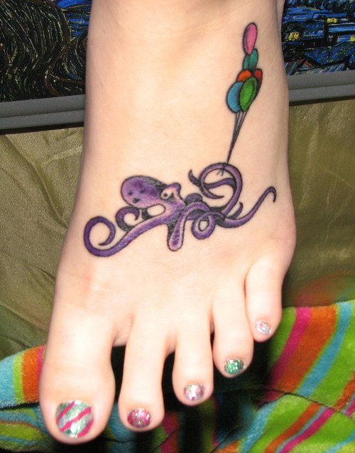 Color Ink Octopus And Balloon Tattoos On Girl Left Foot