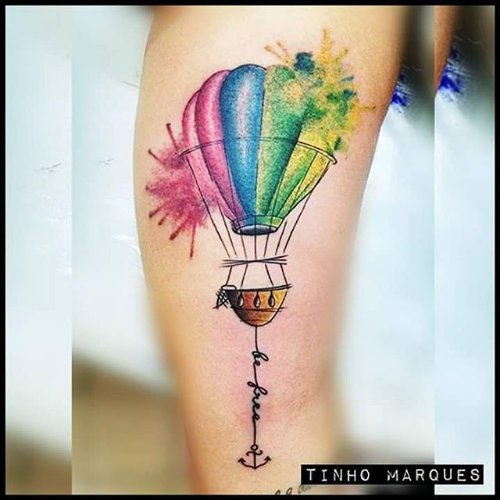 Color Splash Hot air Balloon Tattoo On Leg Calf