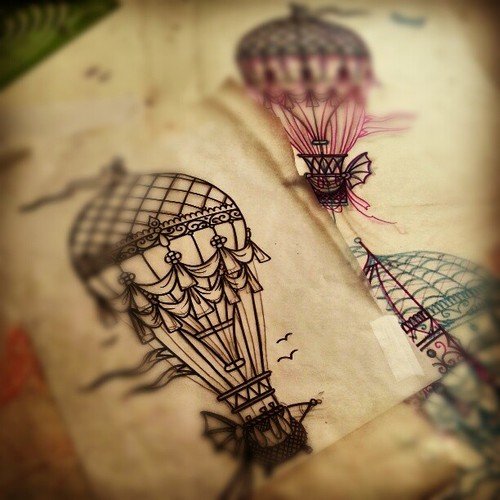 Amazing Grey Ink Air Balloon Tattoo Design