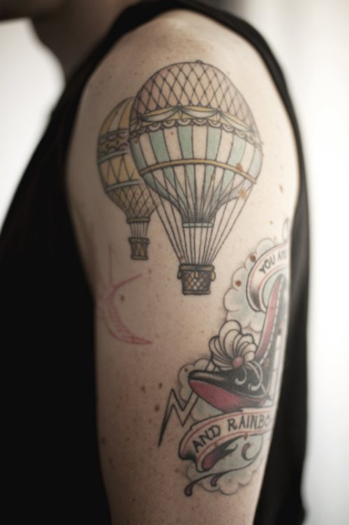 Grey Ink Balloon Tattoo On Left Half Sleeve