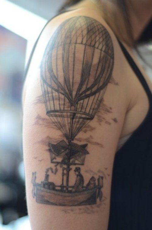 Grey Ink Air Balloon Tattoo On Right Half Sleeve