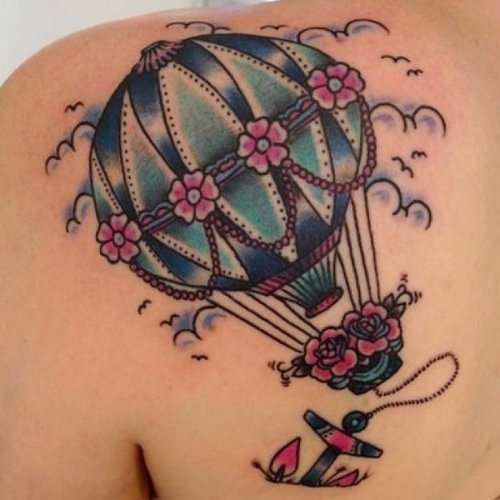 Flowers And Balloon Tattoo On Left Back Shoulder