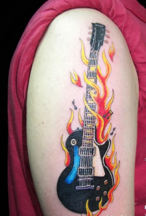Flame And Band Tattoo On Shoulder