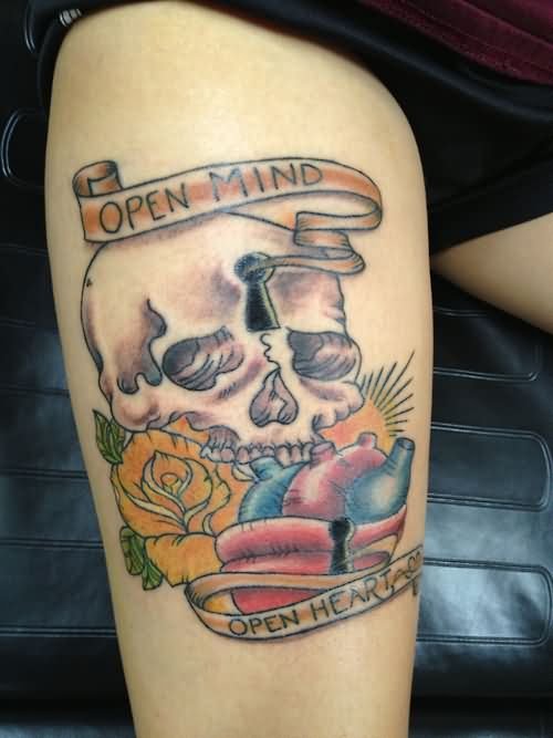 Grey Ink Skull With Banner And Rose Band Tattoos On Thigh