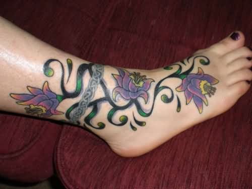 Beautiful Flowers Ankle Band Tattoo For Girls