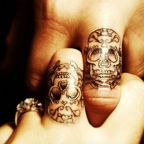 Sugar Skulls Band Tattoos On Fingers