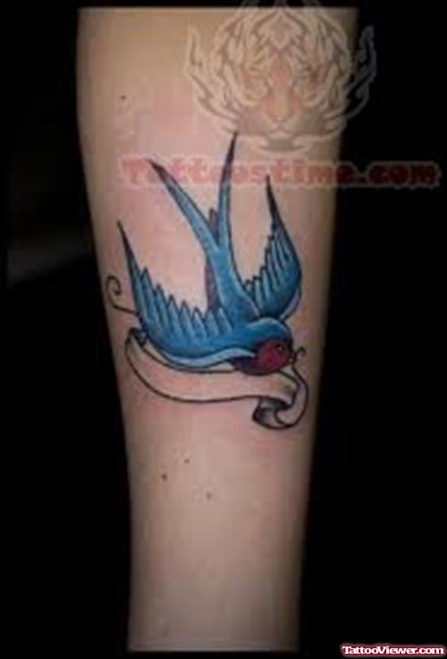 Cute Small Bird With Banner Tattoo