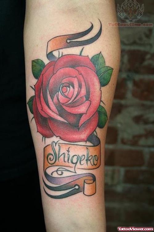 Red Rose And Banner Tattoo