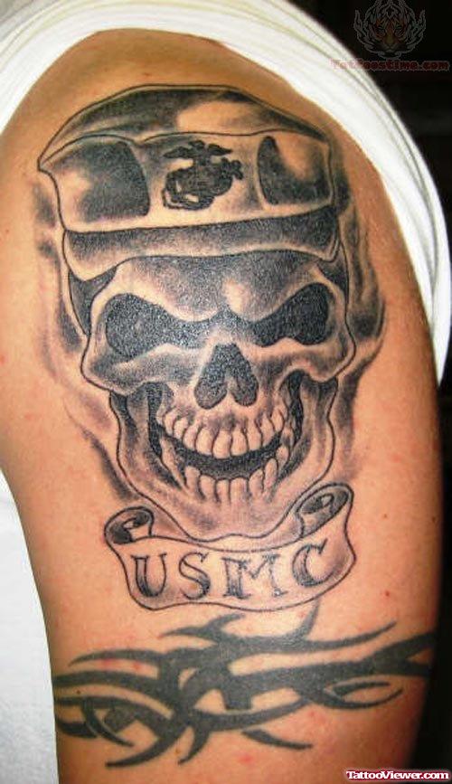 USMC Banner Tattoo On Shoulder