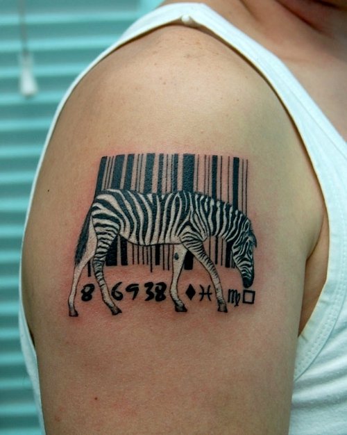 Zebra And Barcode Tattoo On Right Shoulder