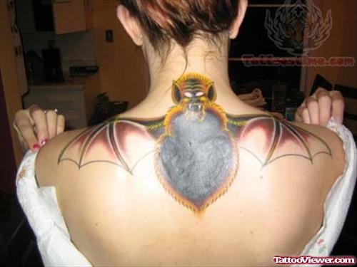 Large Bat Tattoo On Upper Back