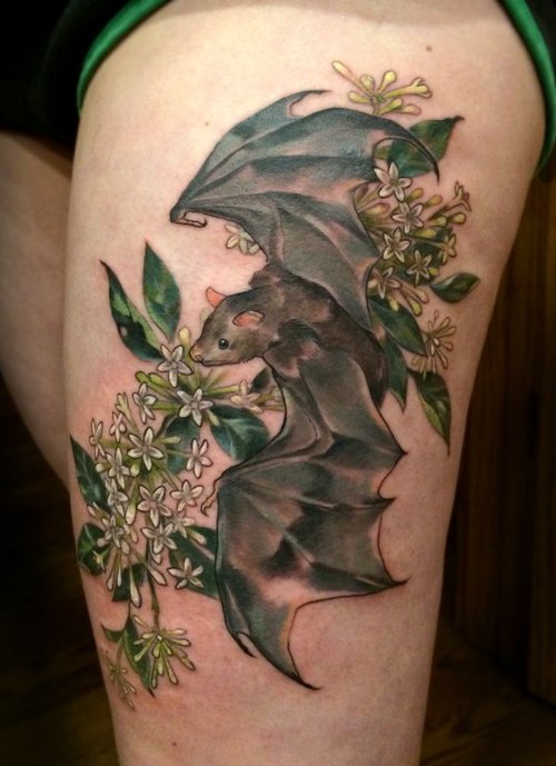 Awesome Flying Bat Tattoo On Left Thigh