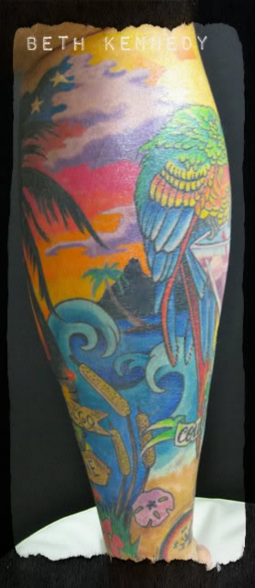 Colored Beach Scenery Tattoo On Leg