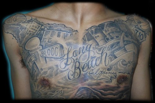 Grey Ink Beach Tattoo On Man Chest