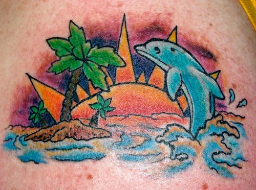 Dolphin With Sun Beach Tattoo
