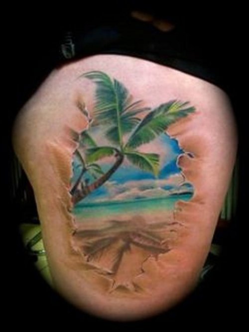 Beach Tattoo On Right Thigh