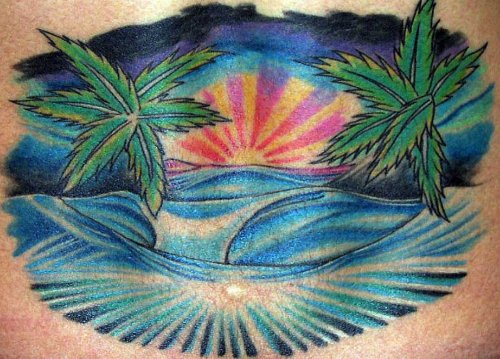Beach With Mountains And Rising Sun Tattoo