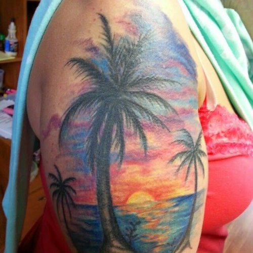 Color Ink Beach Tattoos On Half Sleeve