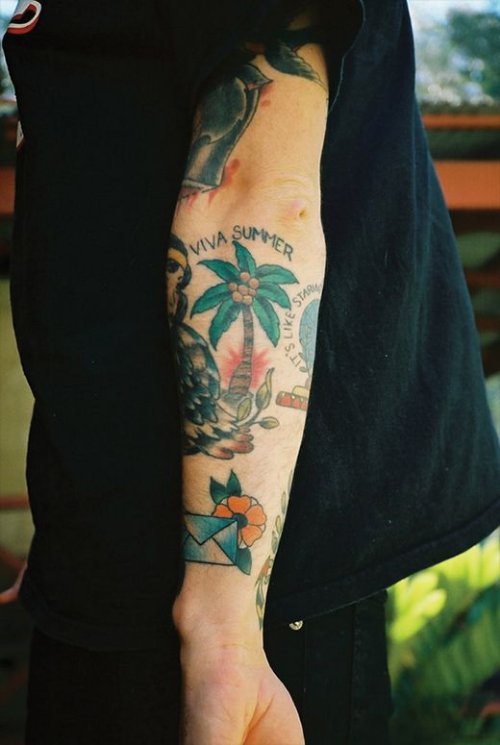 Left Arm Colored Beach Tattoo