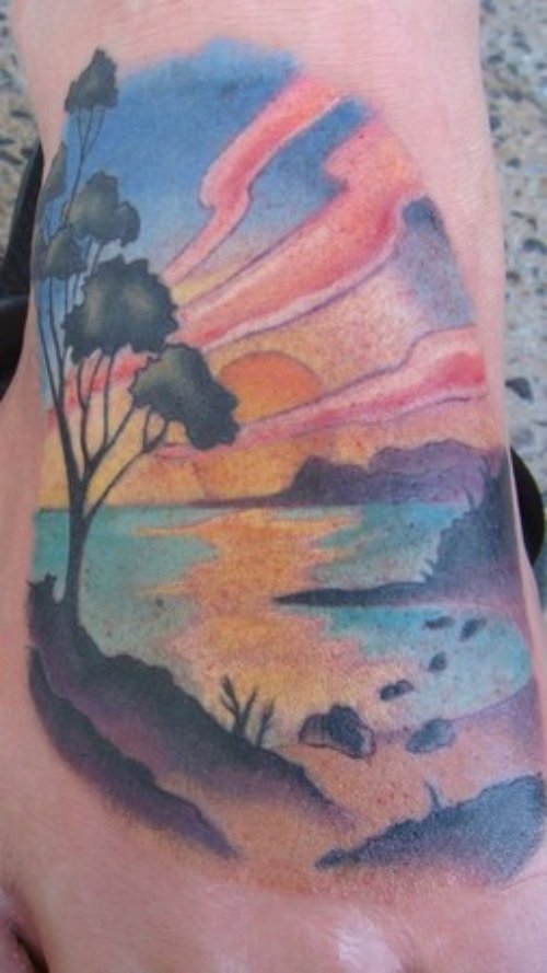 Color Ink Beach Tattoo On Right Foot