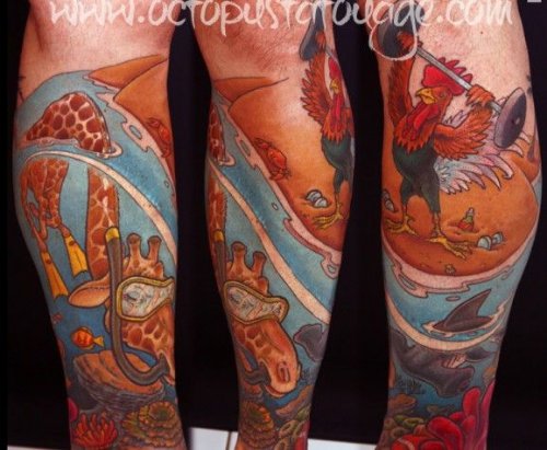 Octopus Beach Tattoo On Leg