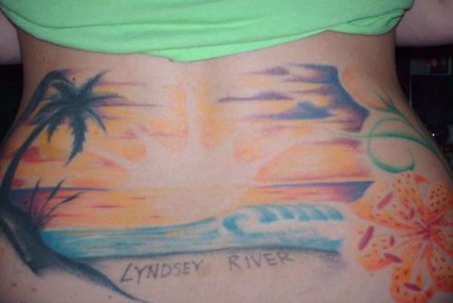 Beach Tattoo On Girl Lowerback