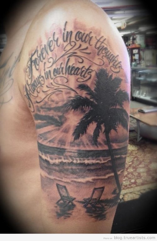 Black Palm Tree Beach Tattoo On Left Half Sleeve