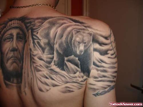 Bear In Water Tattoo On Back