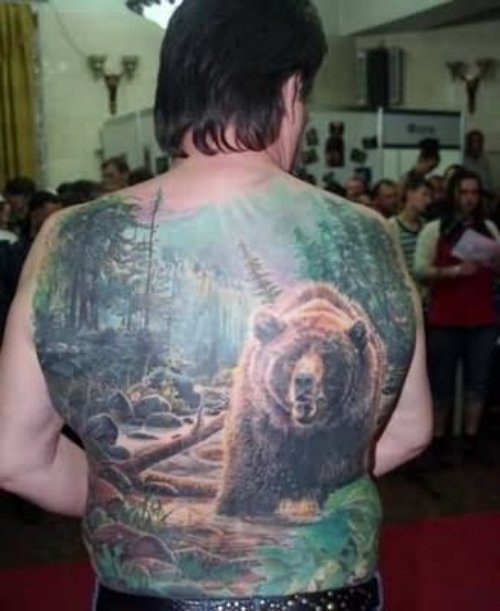 Big Bear And Forest Tattoo On Full Back