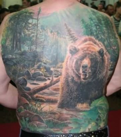 Bear In Forest Tattoo On Back