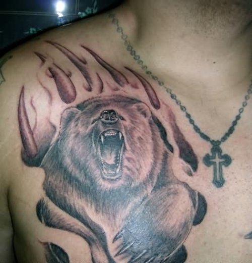 Flaming Angry Bear Tattoo On Chest For Men