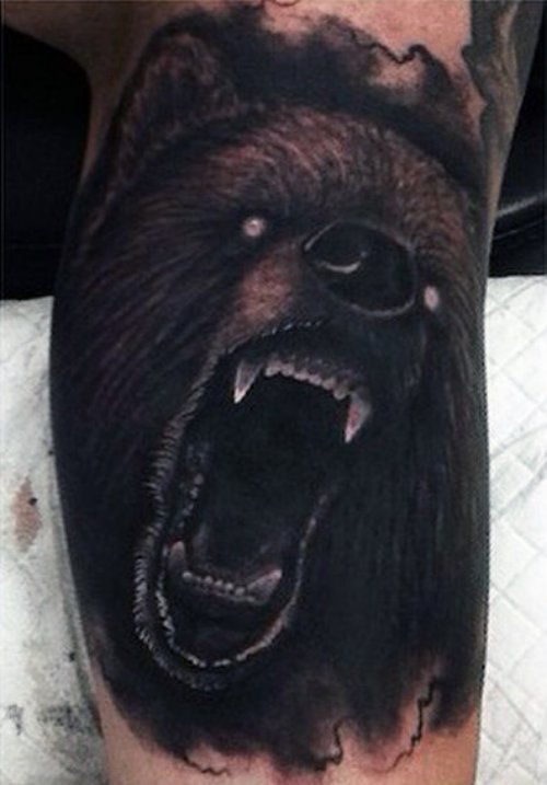 Black Ink Angry Bear Tattoo On Inner Bicep