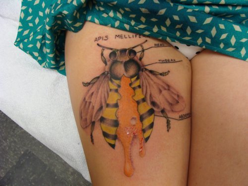 Bee Tattoo On Girl Right Thigh