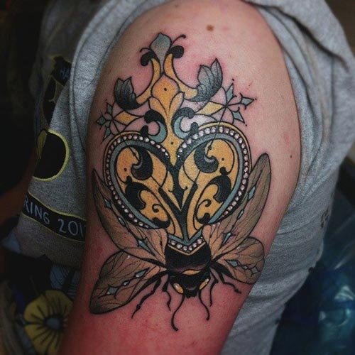 Large Crown Bee Tattoo on Left Half Sleeve