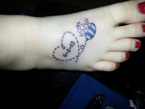 Dot Work Heart And Bee Tattoo On Right Foot